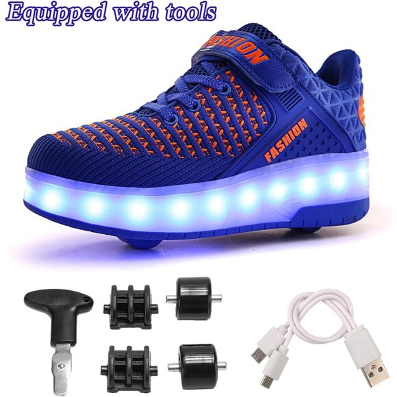 Kid's Girls Double Wheel Blue Lighting Skate Sneaker USB Chargable LED Shoes - Picture 2 of 9